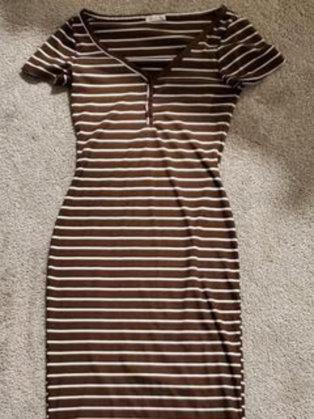 Fashion Nova Brown Striped Henley Bodycon Midi Dress Short Sleeve